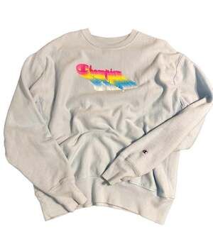 Champion Reverse Weave Crewneck Light Blue Rainbow Spellout Logo Large